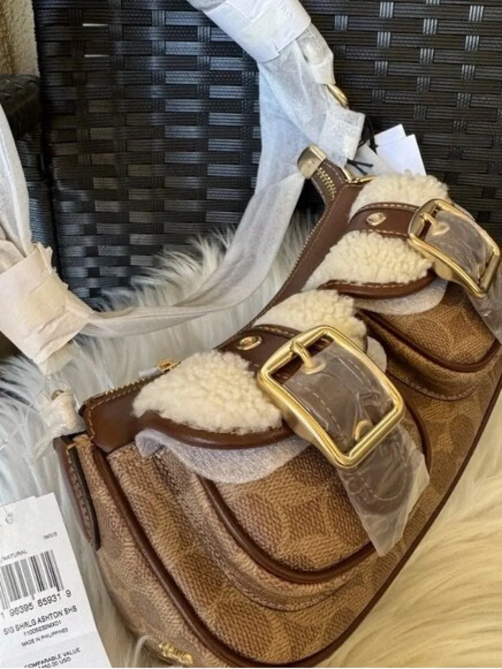 Coach Brown Signature Shearling Trim Shoulder Bag with Gold Hardware